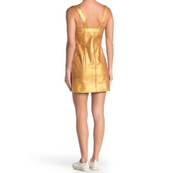 Free People yellow Gold cow Leather button Jumper Party sleeveless mini Dress - Picture 4 of 11